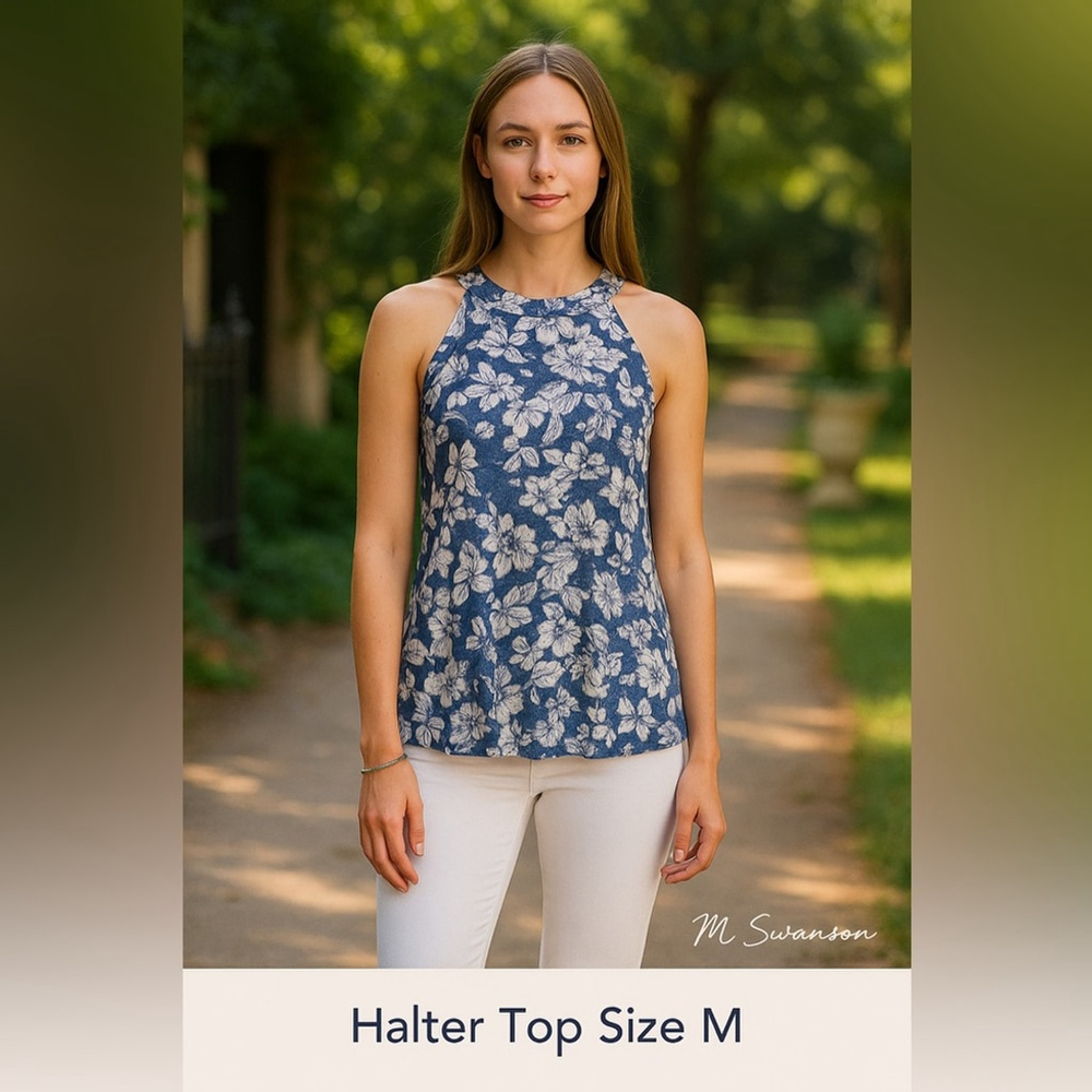 FORTUNE + IVY Opal Knit Halter Top – Blue Floral – Size M (NWOT)